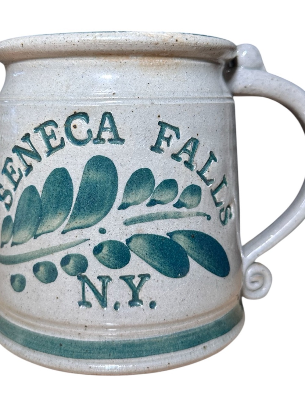 Seneca Falls NY Stoneware Mug with Green Leaf Motif